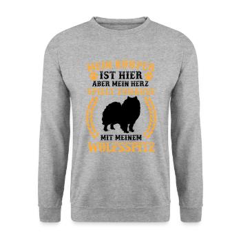 Spiele mit meinem Wolfsspitz Deutscher Keeshond - Unisex Pullover - Weißgrau meliert - Vorne - Alina (178cm) & Michal (187cm)
