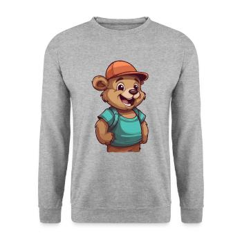 Süßer Cartoon Bär mit Mütze: Knuddeliger Begleiter - Unisex Pullover - Weißgrau meliert - Vorne - Alina (178cm) & Michal (187cm)