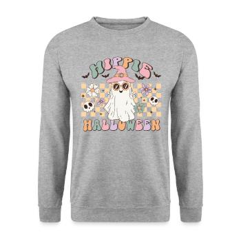 Hippies Halloween Geist: Süßes oder Saures Retro - Unisex Pullover - Weißgrau meliert - Vorne - Alina (178cm) & Michal (187cm)