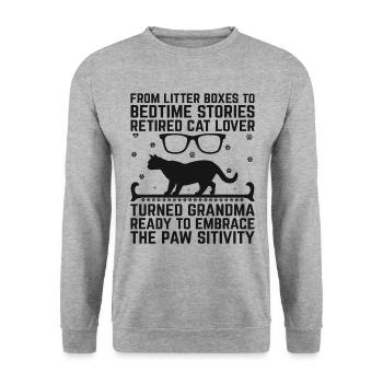 Amoureux des chats Grand-mère retraitée Retraité Propriétaire de chat Chat - Sweat-shirt Unisexe - gris chiné - Devant - Alina (178cm) & Michal (187cm)