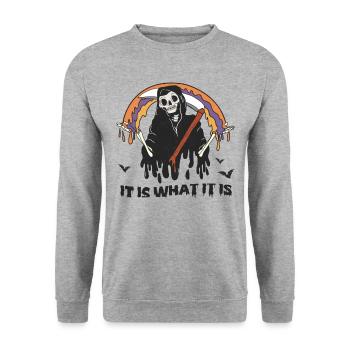 Retro Halloween: Grim Reaper "It Is What It Is" - Unisex Sweatshirt - salt & pepper - Front - Alina (178cm) & Michal (187cm)