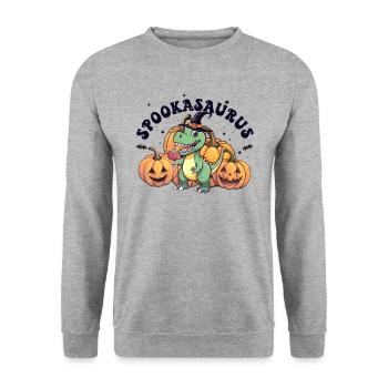 Süßer Spookasaurus für Halloween-Fans mit Hexenhut - Unisex Pullover - Weißgrau meliert - Vorne - Alina (178cm) & Michal (187cm)