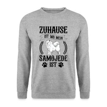Samojede ist mein Zuhause Samojedenspitz - Unisex Pullover - Weißgrau meliert - Vorne - Alina (178cm) & Michal (187cm)