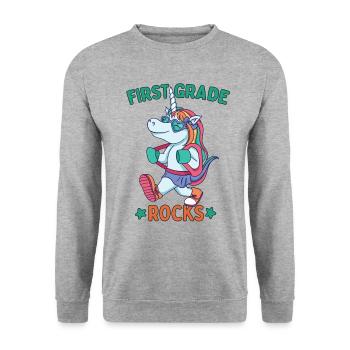 Hello 1st Grade - Hello First Grade Rocks - Unisex Pullover - Weißgrau meliert - Vorne - Alina (178cm) & Michal (187cm)