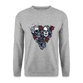 Totenkopf mit Frau - Unisex Pullover - Weißgrau meliert - Vorne - Alina (178cm) & Michal (187cm)