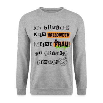 Lustig Halloween Spruch - Meine Frau ist gruselig - Unisex Pullover - Weißgrau meliert - Vorne - Alina (178cm) & Michal (187cm)