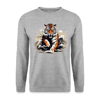Bengalischer Tiger Japanische Great Wave Kanagawa - Unisex Pullover - Weißgrau meliert - Vorne - Alina (178cm) & Michal (187cm)