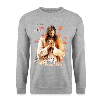 Fall Jesus He Never Leaves: Christian Autumn Vibes - Unisex Pullover - Weißgrau meliert - Vorne - Alina (178cm) & Michal (187cm)