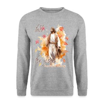 Fall Jesus He Never Leaves: Christian Autumn Vibes - Unisex Pullover - Weißgrau meliert - Vorne - Alina (178cm) & Michal (187cm)