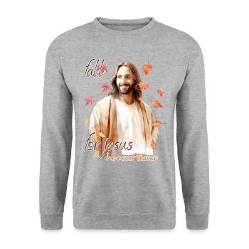 Fall Jesus He Never Leaves: Christian Autumn Vibes - Unisex Pullover - Weißgrau meliert - Vorne - Alina (178cm) & Michal (187cm)