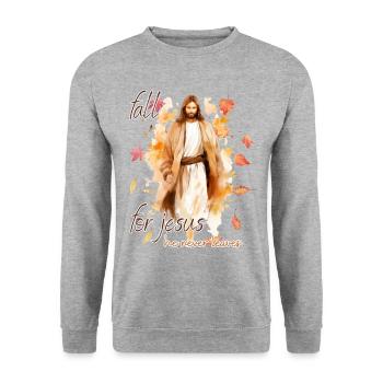 Fall Jesus He Never Leaves: Christian Autumn Vibes - Unisex Pullover - Weißgrau meliert - Vorne - Alina (178cm) & Michal (187cm)