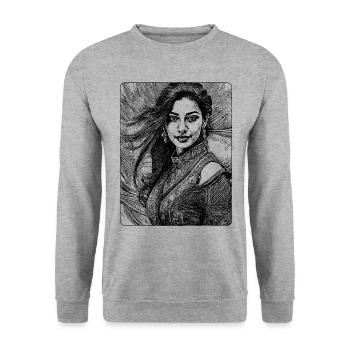 Einzigartiges Shirt: Stolze Frau im Lederoberteil - Unisex Pullover - Weißgrau meliert - Vorne - Alina (178cm) & Michal (187cm)