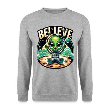 Lustiges Außerirdischer Alien Believe - Unisex Pullover - Weißgrau meliert - Vorne - Alina (178cm) & Michal (187cm)