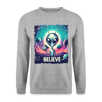 Lustiges Außerirdischer Alien Believe - Unisex Pullover - Weißgrau meliert - Vorne - Alina (178cm) & Michal (187cm)