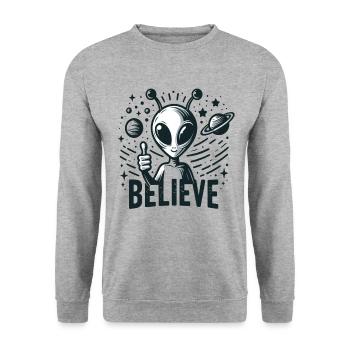 Lustiges Außerirdischer Alien Believe - Unisex Pullover - Weißgrau meliert - Vorne - Alina (178cm) & Michal (187cm)