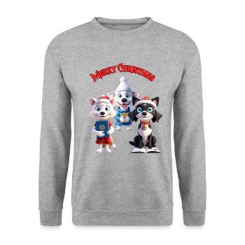 Drei bezaubernde Hunde im Weihnachtsstil - Unisex Pullover - Weißgrau meliert - Vorne - Alina (178cm) & Michal (187cm)
