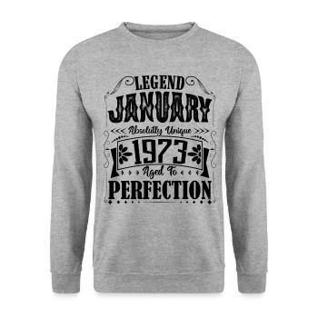 Januar 1973. Januar 1973 Geburtstagsgeschenk. - Unisex Pullover - Weißgrau meliert - Vorne - Alina (178cm) & Michal (187cm)