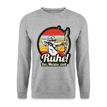 Ruhe! Der Meister zielt! Bogenschießen Bogensport - Unisex Pullover - Weißgrau meliert - Vorne - Alina (178cm) & Michal (187cm)