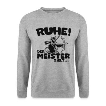 Ruhe! Der Meister zielt! Bogenschießen Bogensport - Unisex Pullover - Weißgrau meliert - Vorne - Alina (178cm) & Michal (187cm)