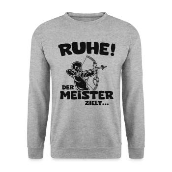 Ruhe! Der Meister zielt! Bogenschießen Bogensport - Unisex Pullover - Weißgrau meliert - Vorne - Alina (178cm) & Michal (187cm)