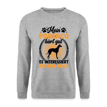 Mein Podenco hört gut Ibizan Hound - Unisex Pullover - Weißgrau meliert - Vorne - Alina (178cm) & Michal (187cm)