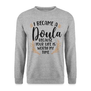 Doula accoucheuse Je suis devenue une - Sweat-shirt Unisexe - gris chiné - Devant - Alina (178cm) & Michal (187cm)