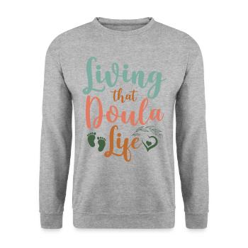 Doula Birth Worker Living That - Unisex Pullover - Weißgrau meliert - Vorne - Alina (178cm) & Michal (187cm)
