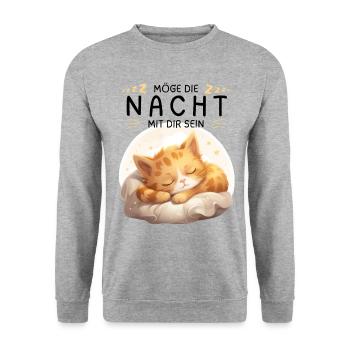 Möge die Nacht mit dir sein - Schlafshirt Katze - Unisex Pullover - Weißgrau meliert - Vorne - Alina (178cm) & Michal (187cm)