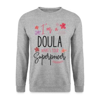 Doula accoucheuse Je suis une doula - Sweat-shirt Unisexe - gris chiné - Devant - Alina (178cm) & Michal (187cm)