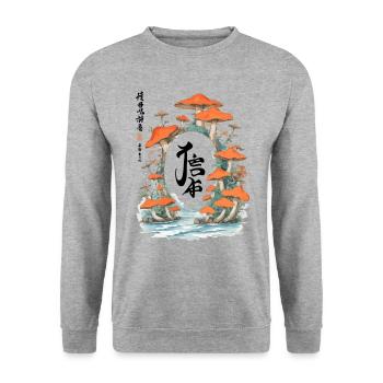 Magic Mushroom Scene in Ukiyo-E Kanji Style - Unisex Sweatshirt - salt & pepper - Front - Alina (178cm) & Michal (187cm)