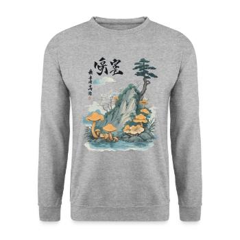 Ukiyo-E Mushroom Art Vintage Japan Style - Unisex Sweatshirt - salt & pepper - Front - Alina (178cm) & Michal (187cm)