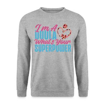 Doula accoucheuse Je suis une doula - Sweat-shirt Unisexe - gris chiné - Devant - Alina (178cm) & Michal (187cm)