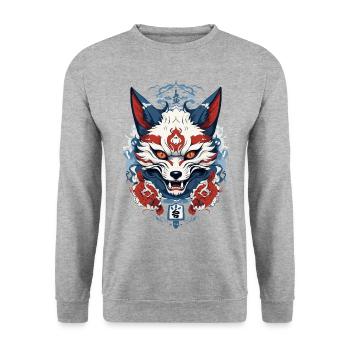 Japanische Kitsune Maske Yokai Ukiyo-E Design - Unisex Pullover - Weißgrau meliert - Vorne - Alina (178cm) & Michal (187cm)