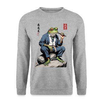 Eleganter Yokai Frosch Japan Streetwear - Unisex Pullover - Weißgrau meliert - Vorne - Alina (178cm) & Michal (187cm)