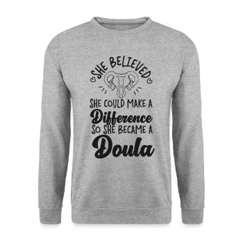 Doula Birth Worker She Believed - Unisex Pullover - Weißgrau meliert - Vorne - Alina (178cm) & Michal (187cm)