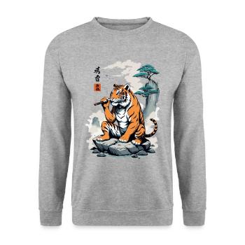 Ukiyo-E Style Yokai Tiger Retro Streetwear Art - Sweat-shirt Unisexe - gris chiné - Devant - Alina (178cm) & Michal (187cm)