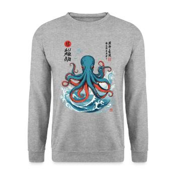 Oktopus Ukiyo-E Japan Meer Kraken Design - Unisex Pullover - Weißgrau meliert - Vorne - Alina (178cm) & Michal (187cm)