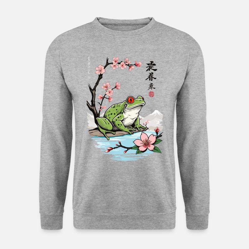 Vintage Ukiyo-E Frosch Kirschblüten Design - Unisex Pullover - Weißgrau meliert
