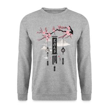 Asiatische Windglocken Kirschblüten Kunst - Unisex Pullover - Weißgrau meliert - Vorne - Alina (178cm) & Michal (187cm)