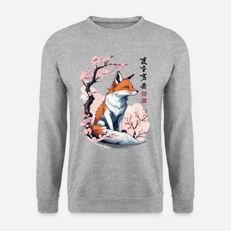 Magischer Fuchs Kirschblüten Japan Kanji Design - Unisex Pullover - Weißgrau meliert