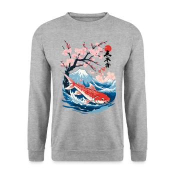 Vintage Ukiyo-E Koi Karpfen Kirschblüten Design - Unisex Pullover - Weißgrau meliert - Vorne - Alina (178cm) & Michal (187cm)