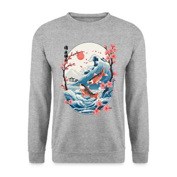 Vintage Ukiyo-E Koi Karpfen Kirschblüten Design - Unisex Pullover - Weißgrau meliert - Vorne - Alina (178cm) & Michal (187cm)