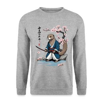 Cute Samurai Otter Cherry Blossom Ukiyo-E Design - Unisex Sweatshirt - salt & pepper - Front - Alina (178cm) & Michal (187cm)