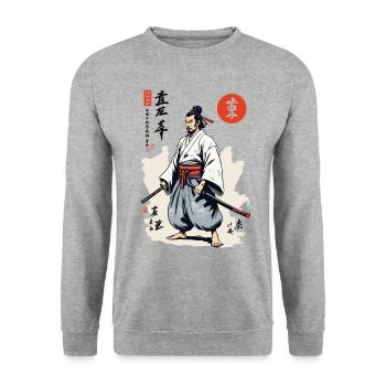 Vintage Japan Samurai with Katana Retro Streetwear - Unisex Sweatshirt - salt & pepper - Front - Alina (178cm) & Michal (187cm)