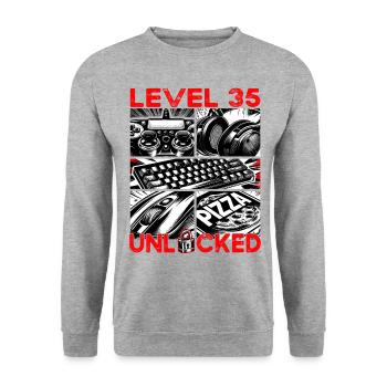 Geburtstag Level 35 freigeschaltet Gaming & Zocker - Unisex Pullover - Weißgrau meliert - Vorne - Alina (178cm) & Michal (187cm)