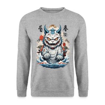 Asiatische Katzen Ukiyo-E Farbholzschnitt Design - Unisex Pullover - Weißgrau meliert - Vorne - Alina (178cm) & Michal (187cm)
