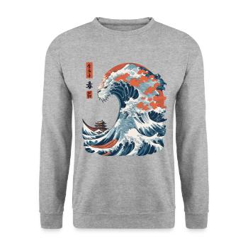 Monster Wave Japon Ukiyo-E Streetwear Vintage - Sweat-shirt Unisexe - gris chiné - Devant - Alina (178cm) & Michal (187cm)