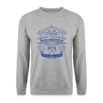 1978 Geburtstag Sauerländer Original Whiskey blau - Unisex Pullover - Weißgrau meliert - Vorne - Alina (178cm) & Michal (187cm)