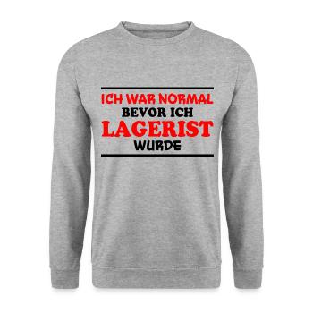 Lagerist Spruch Logistik Lustige Lagerist Geschenk - Unisex Pullover - Weißgrau meliert - Vorne - Alina (178cm) & Michal (187cm)