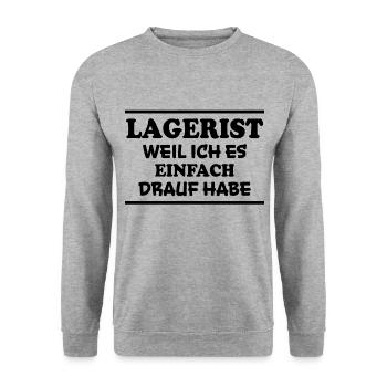 Lagerist Spruch Logistik Lustige Lagerist Geschenk - Unisex Pullover - Weißgrau meliert - Vorne - Alina (178cm) & Michal (187cm)